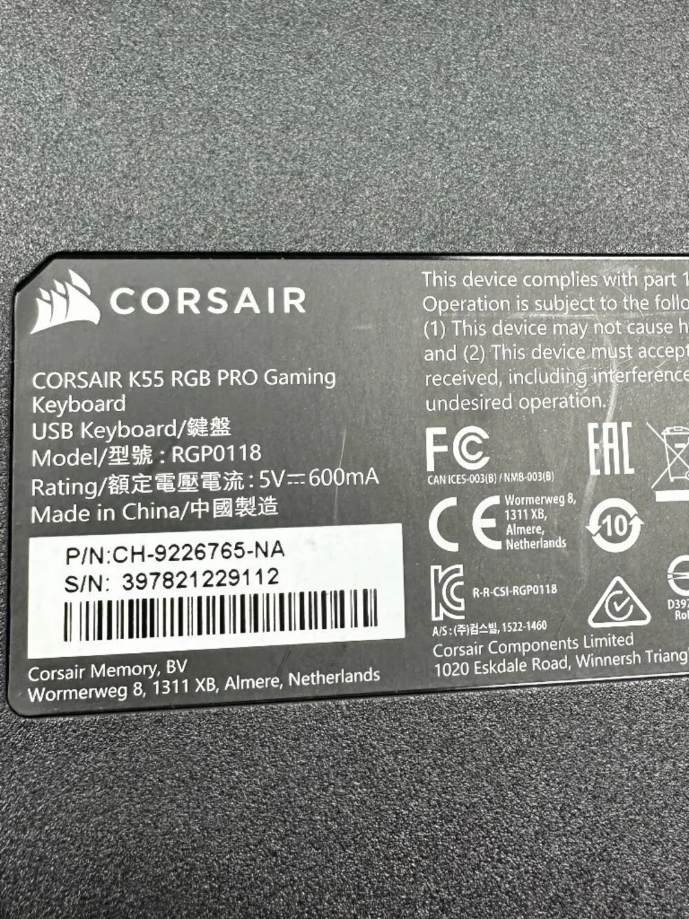 Corsair‎ K55 RGB PRO Wired Gaming Keyboard Black (CH-9226765-NA) Tested & Works